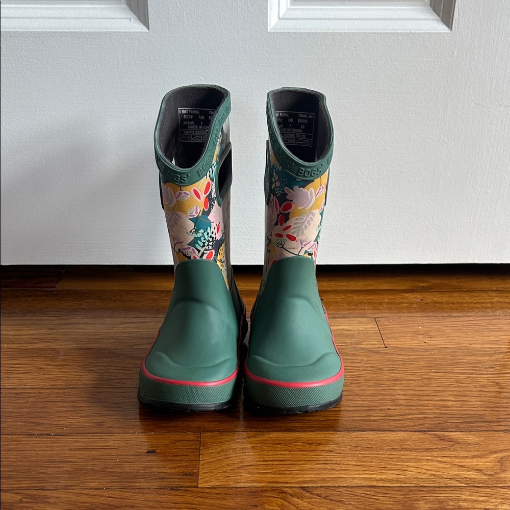 Bogs Dark Green Floral Rain Boots with Pink Accent